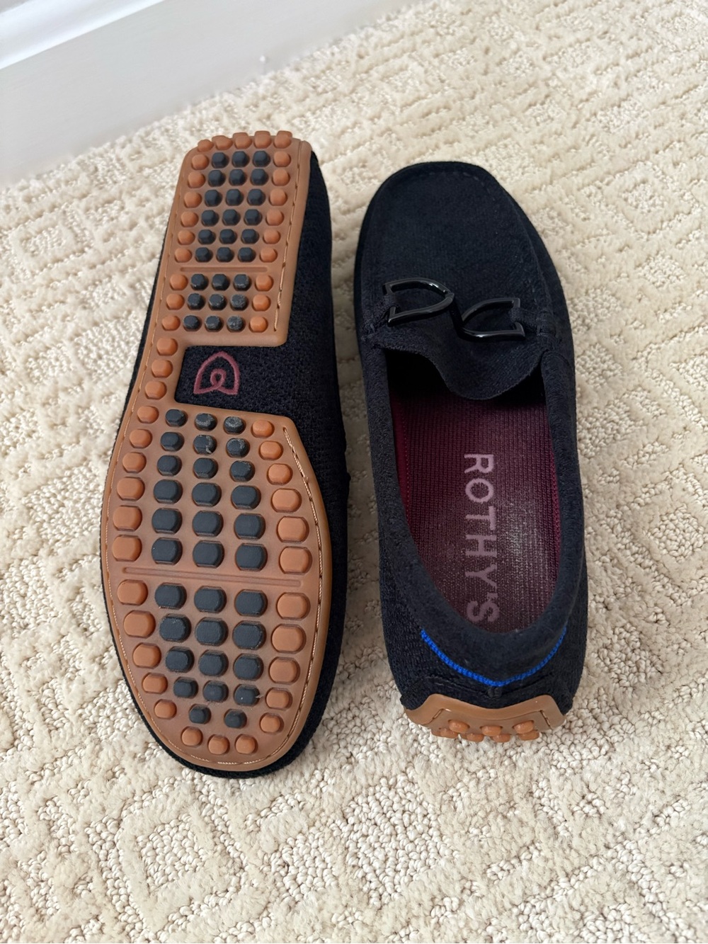 Rothy's Black Knit Women's Loafers with Brown Grip Sole